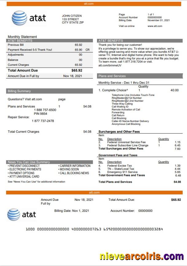USA Texas AT&T telecommunications utility bill
